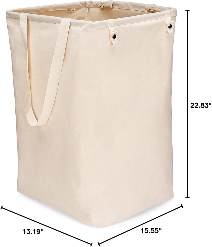 Full Circle Loads of Fun Collapsible Hamper – Laundry Basket for Dirty Clothes & Towels– Tall Standing Organic Cotton Laundry Bag with Long Handles - Ideal for Bathroom, Bedroom or Kids’ Room, Natural Large