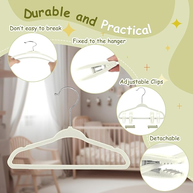 Soaoo 50 Pack Premium Baby Velvet Hangers with Adjustable 100 Clips, Non Slip 11 Inch Slim Kids Closet Organizer for Pants, Dresses & Matching Outfits, Nursery & Toddler Wardrobe (Beige)