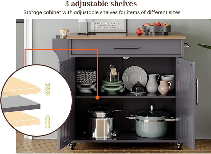 Kitchen Storage Island, Wooden Rolling Kitchen Island On Wheels with Countertop, Mobile Kitchen Island Cart with Towel Rack, Spice Rack and Drawers, Grey