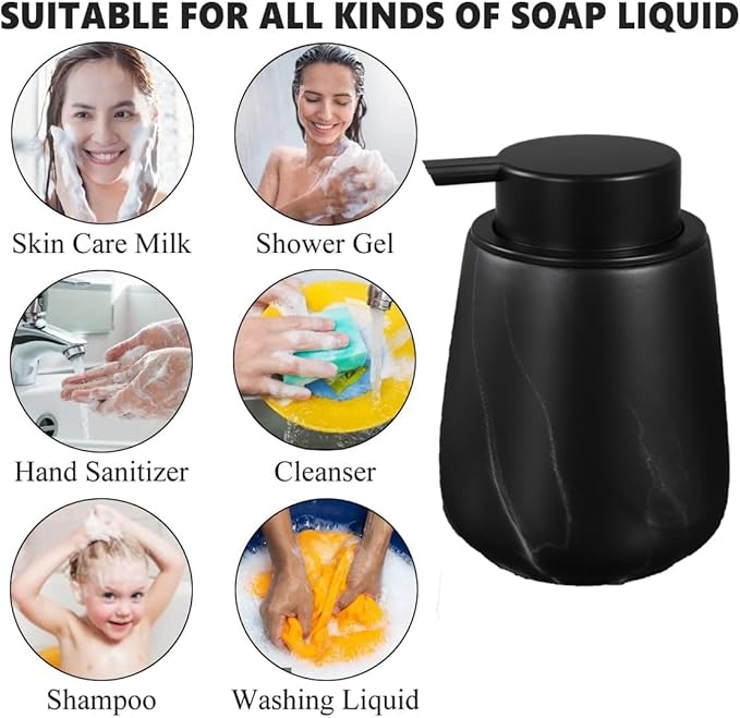 12Oz Foaming Hand Soap Dispenser - Ceramic Bathroom Foam Soap Dispenser with Easy-to-Press Black Pump, Refillable Lotion Hand Soap Dispenser, Dish Soap Dispenser for Kitchen, Marble Black