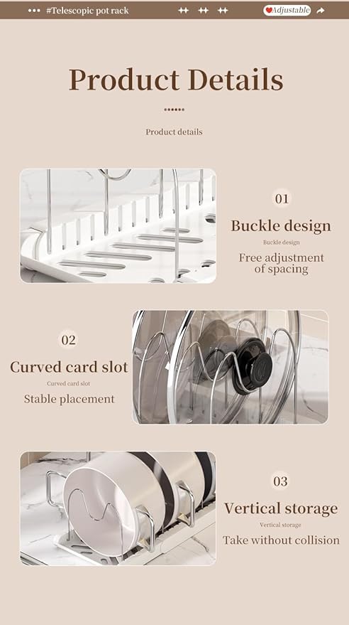 Expandable Pot Organizer with 7 Adjustable Dividers for Kitchen Cabinets, Baking Dishes, Bakeware, Pot Lids and Pantry Countertops (White)