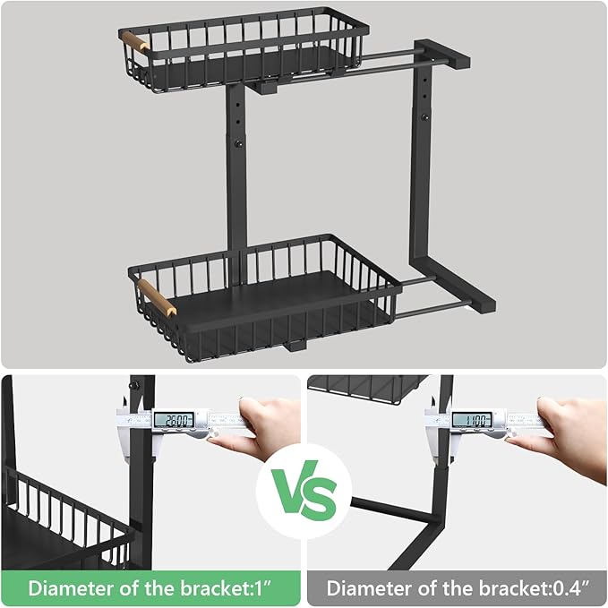 Under Sink Organizers,5 Adjustable Height，Metal Pull Out Under Sink Organizers and Storage Shelves with Sliding Drawer, Black, 2 Pack（Hight 13.6″-16.9″）