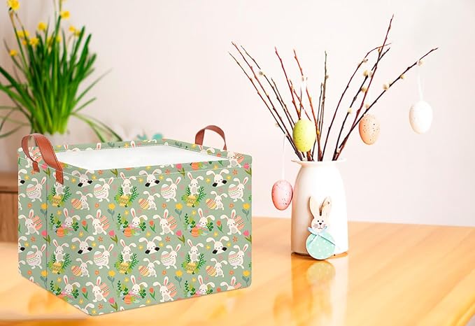 CLOCOR Rectangular Easter Gift Basket Empty,Waterproof Storage Basket with Handles,Room Decor(Pink Flower Easter Egg)