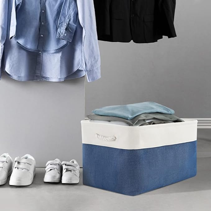 Sacyic Organization and Storage Bins for Shelves - 2 Pack 17X15X12 inch Canvas Storage Cubes Collapsible Baskets for Organizing with Handles, Storage Box for Cloth Decorative (White & Blue)