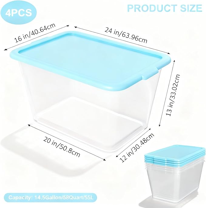 Storage Totes with Lids - Made in USA 14.5-Gallon (58-Quart) 4-Pack storage bins with lids plastic storage containers large storage boxes for Organizer Sky Blue/Clear