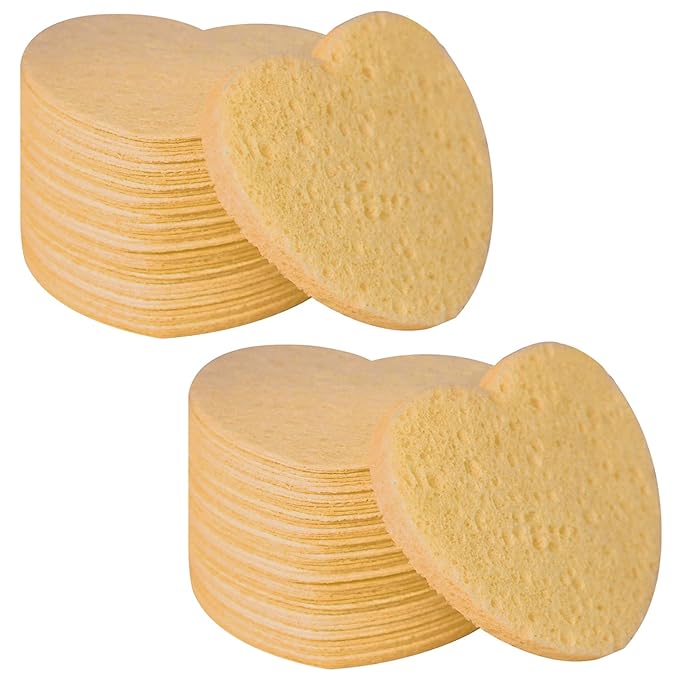 100-Count Compressed Facial Sponges for Estheticians Heart Shape Natural Cellulose Sponge Cosmetic Spa Sponges for Face Cleansing, Massage, Pore Exfoliating, Mask, Makeup Removal, Deep Yellow