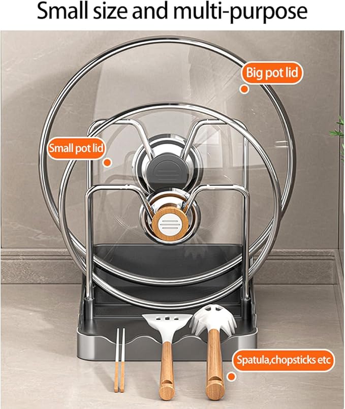 Pot lid Holder And Spoon Rest, 2 Layers Lid And Spoon Rest Pot Lid Organizer With Drip Tray, Multifunctional Utensils Pan Pot Cover Lid Rack Shelf for Pot Lids, Spatulas, Spoons (Black)