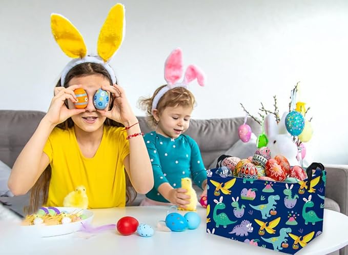 Rectangular Easter Dinosaur Basket,Dinosaur Easter Baskets for Boys, Kids Storage Basket Organizer for Boys,Room Decor ,Clothers,Toys Box,Books,Kid's Gifts Storage.(Easter Dinosaur)