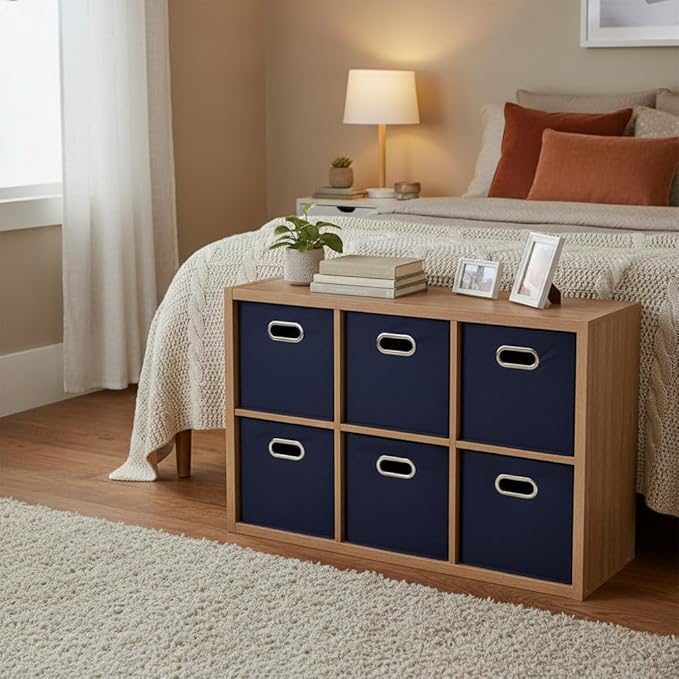 Household Essentials Fabric Storage Bins 6 Piece Set, Strong Poly-Woven Fabric, Sturdy Chipboard Sides, Grommet Front Handle, Stackable and Foldable, Classic Design, Navy