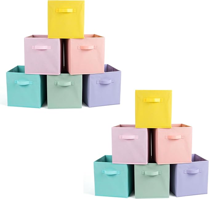Fabric Storage Bins 12 Pack 11 inch Foldable Storage Cubes with Handles Fun Colored Durable Cube Storage Bin for Home, Playroom, Closet Organizers and Storage Green, Cyan, Purple, Yellow, Pink, Peach