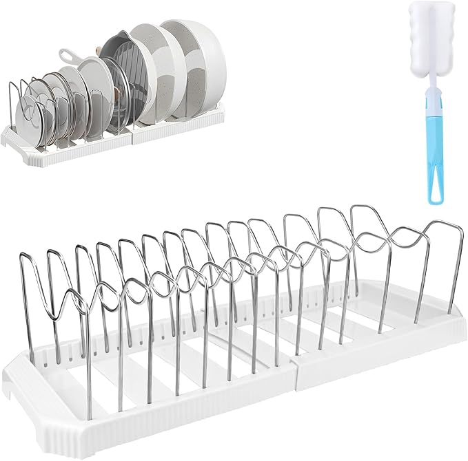 Expandable Pot Rack Organizer, 10 Adjustable Compartments, Pot and Pan Organizer Rack for Cabinet with Cup Brush Dividers, 13 -22" Wide Adjustable Pan Organizer - Pantry Countertop Storage (White)