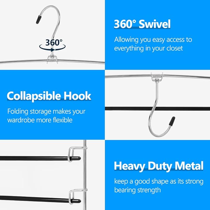 Pants Hangers 2 Pieces,5 Tier Closet Organizers and Storage Clothes,Hangers Space Saving with Swing Arm,Multiple Metal Hanger Clothes Organization for Pants Trousers Jeans Leggings Slacks