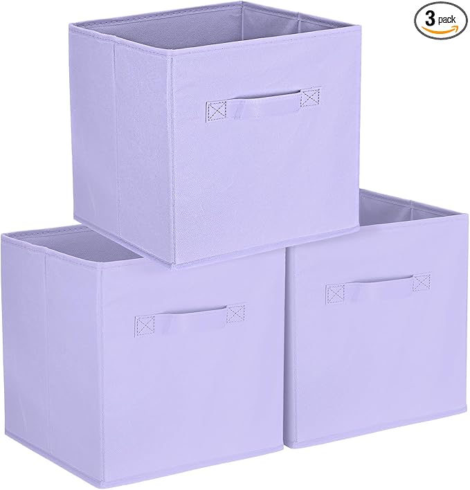 uxcell 3Pcs Fabric Storage Bins, 11 Inch Cube Storage Bin Foldable Storage Cube Organizer Bins with Handles for Shelf Closet, Nursery Home, Bedroom(Lavender Purple)