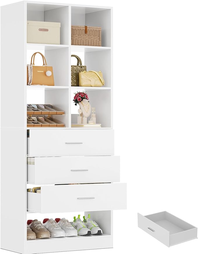 Homieasy Closet System Organizer with 3 Drawers and Partition Storage, Freestanding Wardrobe Organizer Modular with Shoe Shelf, Expandable for Walk-in or Reach-in Closets, White