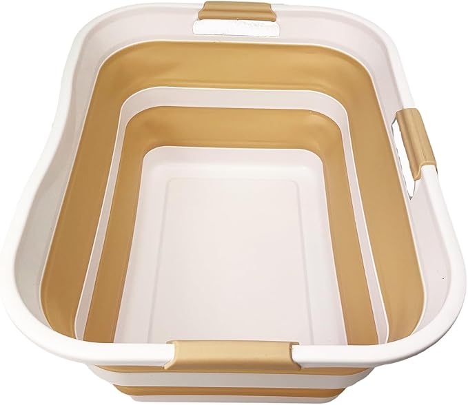 SAMMART 42 (11 Gallons) Collapsible Plastic Laundry Basket, Foldable Pop Up Storage Container/Organizer, Space Saving Hamper, Portable Bin for Dorm Room Bathroom (1, White/Beige)