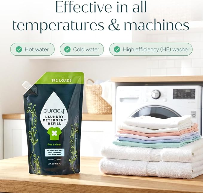 Puracy Laundry Detergent Refill - Enzyme-Powered Liquid Detergent Concentrate, Natural Laundry Detergent Seen on TikTok, Non-Toxic (Free & Clear, 48 fl oz, 192 Loads)