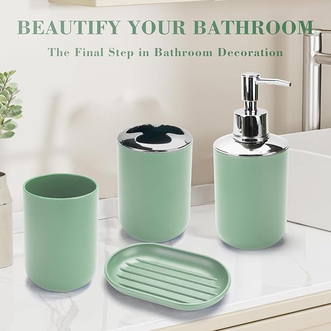 4 Pcs Sage Green Bathroom Accessories Set,Bohemian Bathroom Toothbrush Holder Set.Include Soap Dispenser, Soap Dish, Toothbrush Holder, Mouthwash Cup, Modern Bahtroom Decor Set