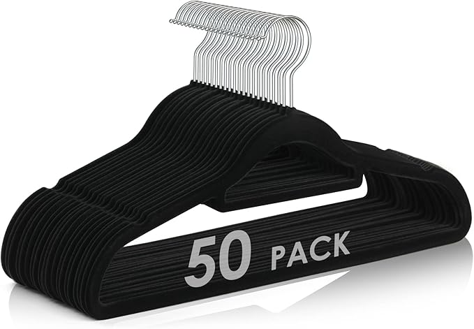 Velvet Hangers Non Slip Felt Hangers, 50 Pack Black Velvet Clothes Hangers Space Saving Slim with 360 Degree Swivel Hook for Suits Coats, Jackets, Pants, and Dress Clothes