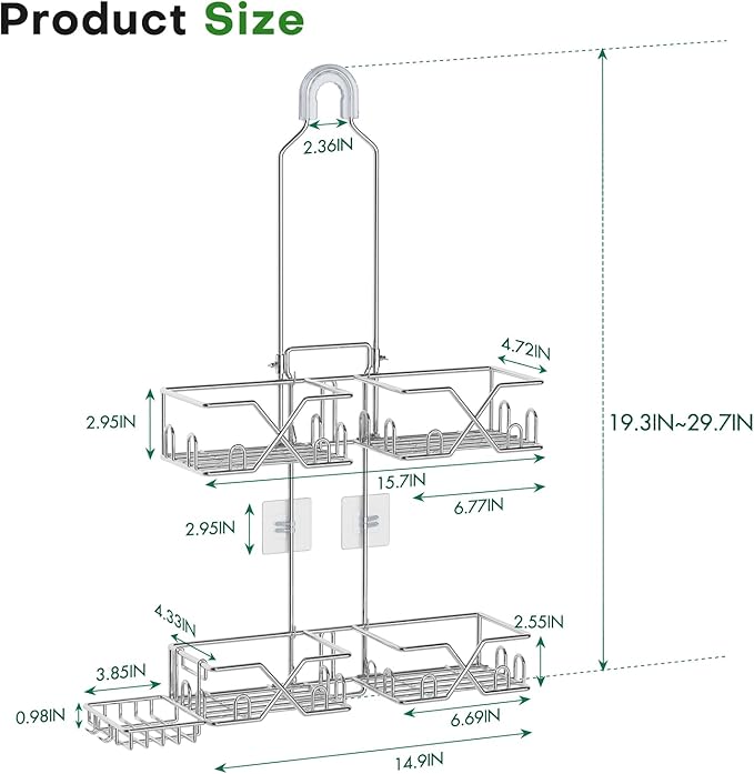 Stainless Steel Shower Caddy Hanging for Handheld Shower Heads,Rustproof Hose Shower Organizer Adjustable Length Shower Rack with 24 Hooks,Razor Holder,Soap Holder