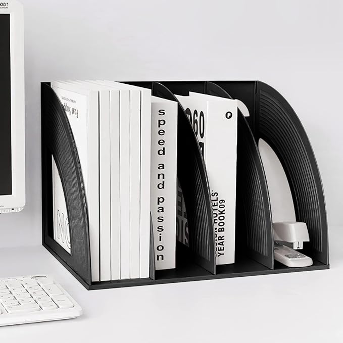 SAYEEC Sturdy Magazine Holder 4 Compartments Plastic Desktop File Organizer File Dividers Office Organizer Storage Document Magaizne Rack Display Box (Black)