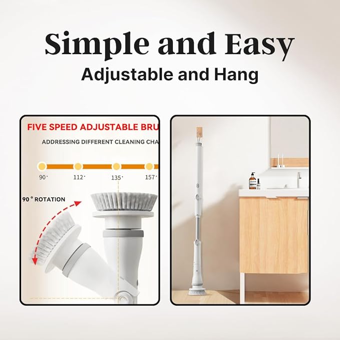 Electric Spin Scrubber Cordless – High-Power Bathroom & Shower Cleaner with Long Handle, 8 Replaceable Heads, Dual Speed (350/420 RPM), 200-Minute Battery Life for Tile, Floor, and Grout Cleaning