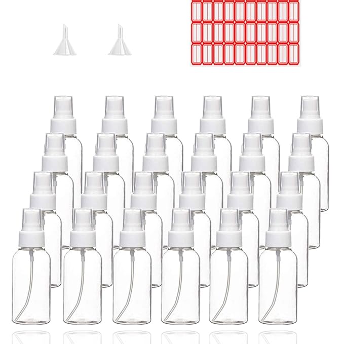 TINFO Spray Bottles, 24 Pack 50 Milliliter 2 Ounce Clear Empty Fine Mist Plastic Mini Travel Bottle Set, Small Refillable Liquid Containers