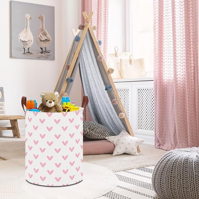 19.7" Pink Cute Heart Laundry Basket,Kids Dirty Clothes Hamper,Waterproof Toys Storage Bin,Room Decor,Gift Baskets,Baby Nursery Hamper(Pink Heart)