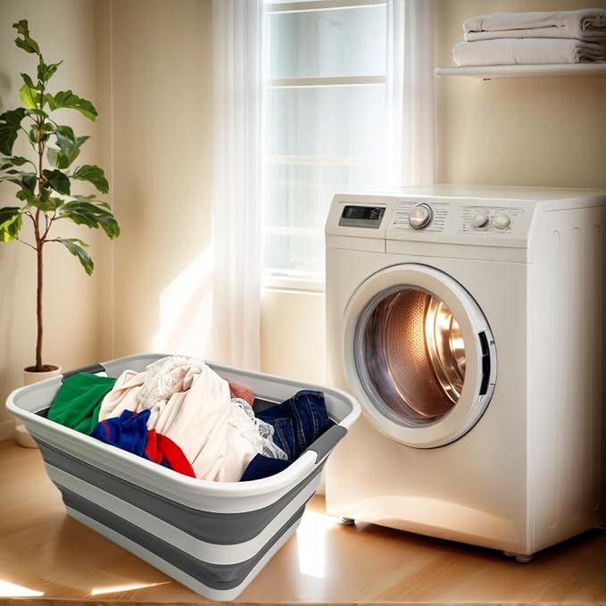 SMMART Collapsible Plastic Laundry Basket with Handle/Foldable Pop Up Storage Hamper/Portable Laundry Organizer-Space Saving Washing Tub/Household Storage Supplies (Grey/Steel Grey, 42L (Set of 2))