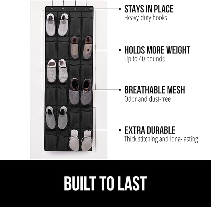 GORILLA GRIP Over the Door Shoe Organizer, 24 Extra Large Breathable Mesh Pockets, Space Saving Hanging Storage Holder, 4 Hook Closet Rack Hanger, Hangs on Closets for Shoes and Accessories, Black