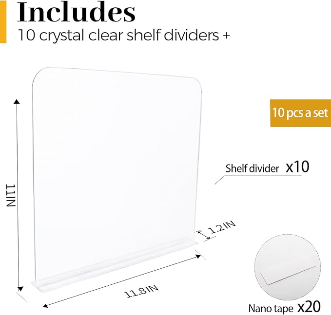 ROUFA Acrylic Shelf Dividers for Closet Shelf Organizer, 10Pcs Clear Wood Closet Divider Separator for Storage and Organization, Bedroom Organizer for Any Thickness of Shelves, 11.8''x11''