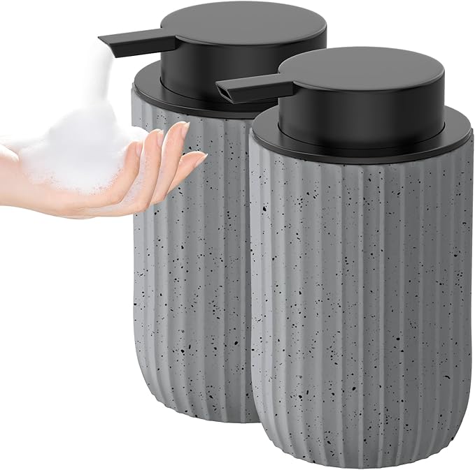 Ceramic Foaming Hand Soap Dispenser 2Pack，12 oz Bathroom Soap Dispensers， Lotion Dispenser for Kitchen, Refillable Matte Streaks Soap Dispenser with Large Pump (Gray-2Pack)