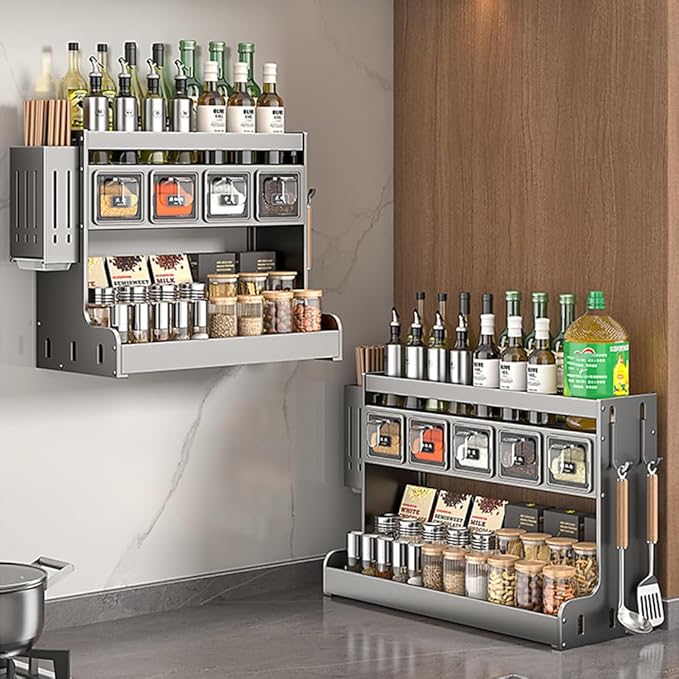 Kitchen Seasoning Shelf Spice Rack Wall Mount with Hooks and Utensil Holder Hanging Seasoning Box Shelf Seasoning Jar Organizer for Sugar Salt Pepper Oil Bottle (3 Boxes)