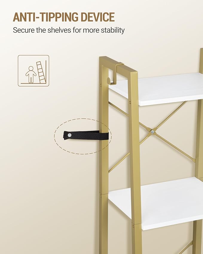 Ladder Shelf, Bookshelf Bookcase, Freestanding Corner Storage Shelve with 2 Hooks for Home Office, Living Room, Kitchen, Bedroom, Industrial, 11.8" D x 13.4" W x 47.2" H, White Gold BC13213G