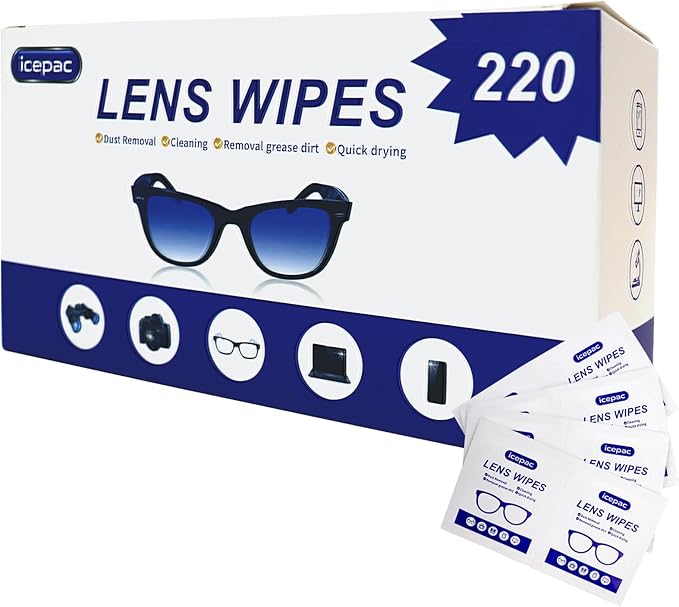 Icepac Lens Wipes for Eyeglasses - 220 Pre-Moistened Individual Wrapped Eye Glasses Cleaning Wipes | Glasses Cleaner Safely Cleans Glasses, Sunglasses, Phone Screen, Electronics & Camera Lens