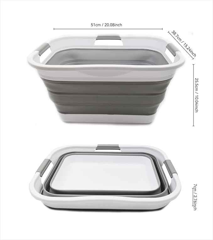 SAMMART 30L (8 gallon) Collapsible Plastic Laundry Basket - Foldable Pop Up Storage Container/Organizer - Space Saving Hamper/Basket - Water Capacity 24L(6.3 gallon) (1, White/Grey)