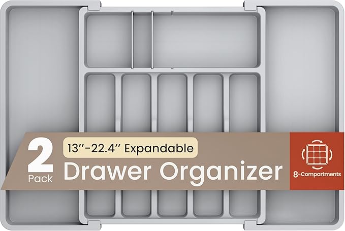 Gray Expandable Utensil Drawer Organizer 2 Pack, Adjustable 13” to 22.4”, 8 Compartment Silverware Organizer for Kitchen Utensils, Spatulas, Cutlery, and Tools, Easy to Clean, Durable, and BPA-Free