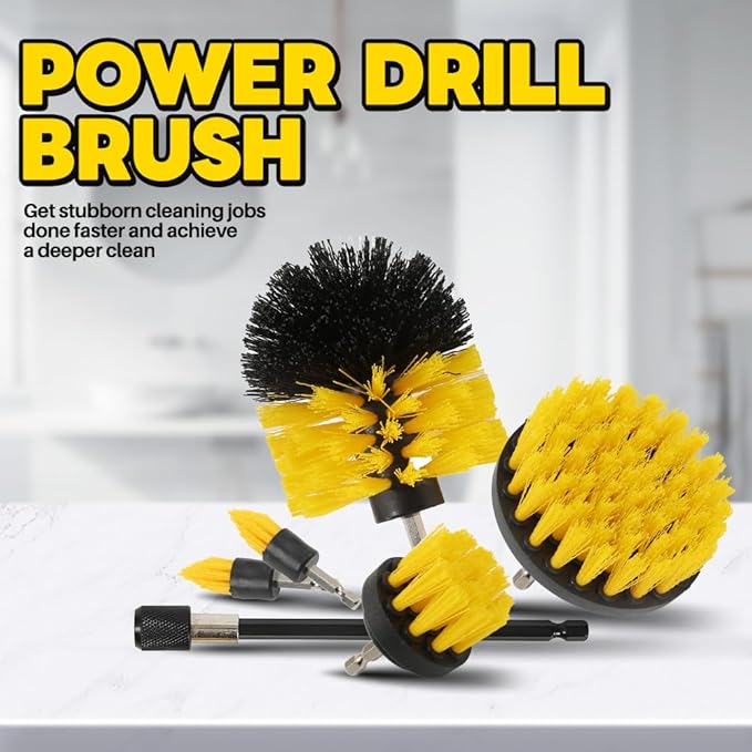 6Pcs Drill Brush Cleaning Kit for Shower & Bathtub - Yellow Power Scrubber Attachments with Extendable Rod, Multi-Surface Brush Set for Bathroom, Kitchen, Car (Yellow-6pcs)