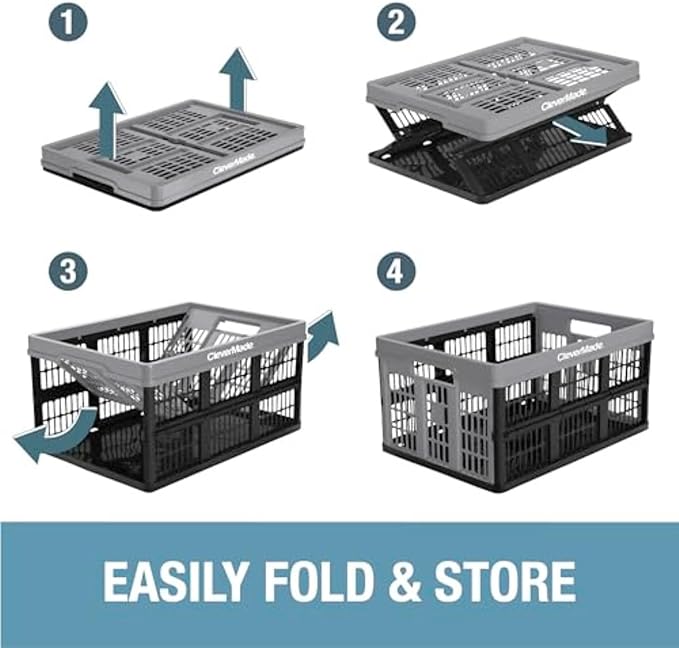 CleverMade Collapsible Utility Crates, - Ocean 3 Pack 45L / 11 Gal, Polypropylene (PP), Holds 66 lbs - Stackable Containers Heavy Duty Capacity Crates Space-Saving Baskets
