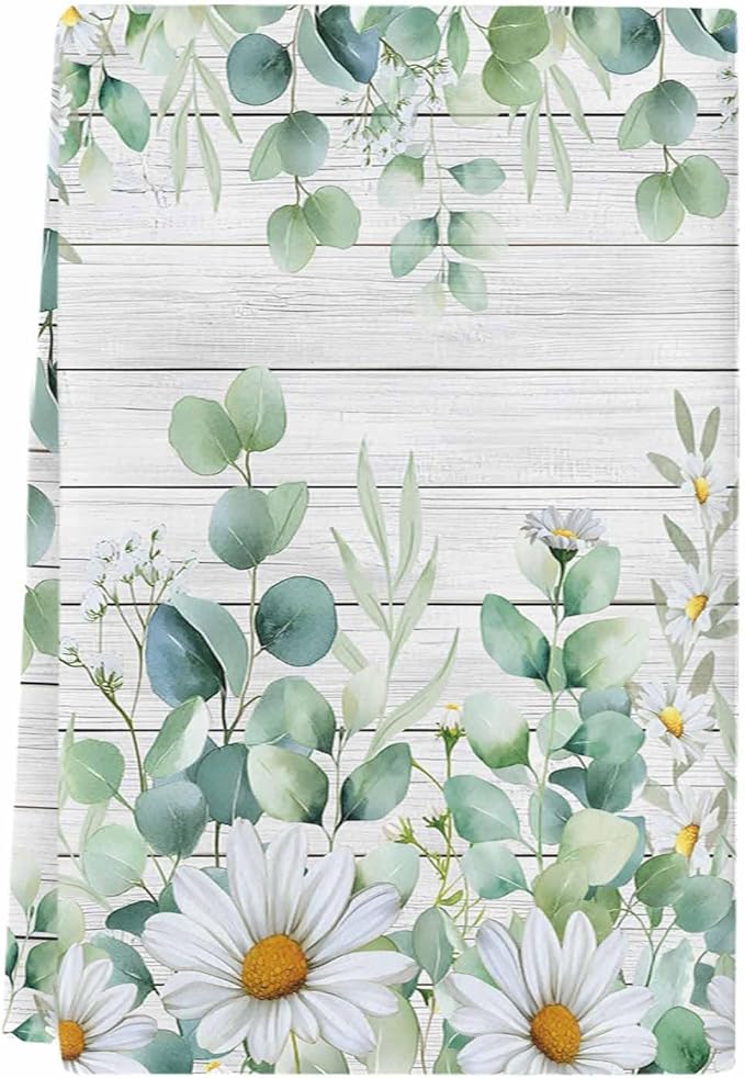 Microfiber Kitchen Towel, Green Eucalyptus Leaves Soft Absorbent Dish Towels, Daisy Summer Botanical Wooden Quick Drying Washable Dishcloths for Kitchen Cleaning, Drying Dishes, 18x28 Inches