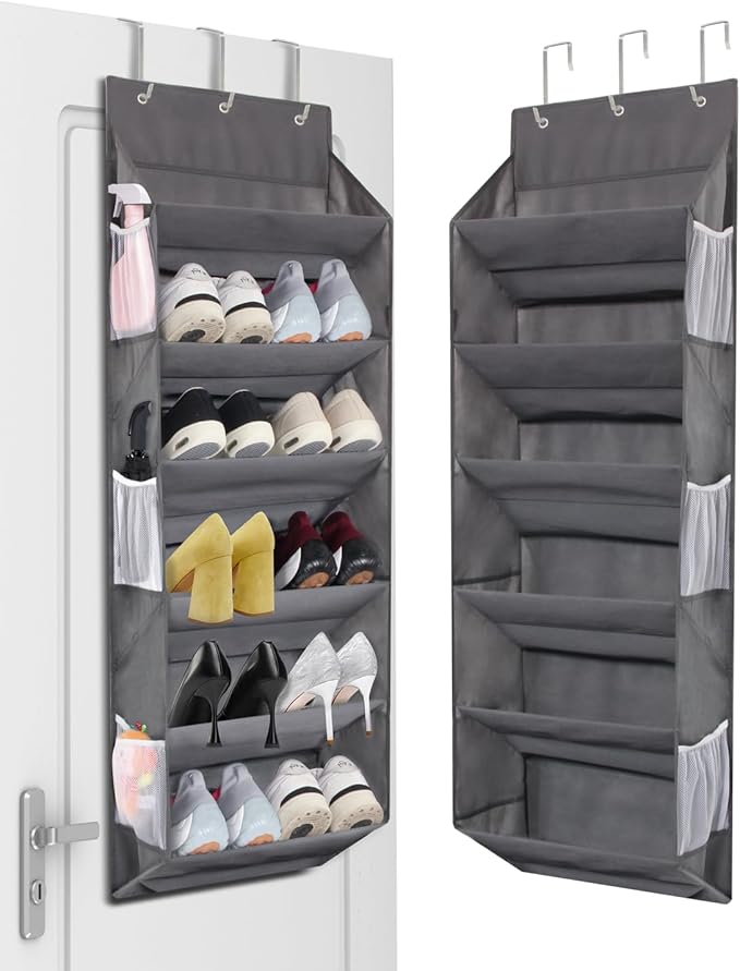 Miracsnail Over the Door Shoe Rack Organizer Hanging Fits 12 Pairs Shoes with 6 Mesh Pockets 6 Deep Large Pockets 50lbs Weight Capacity Behind the Door Storage Organizers for Closet Narrow Door 1 Pack