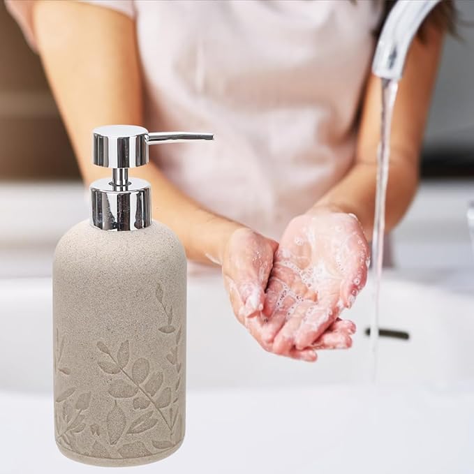 Aksipo Beige Bathroom Accessories Set, 4 Pcs Sturdy Resin Bathroom Accessory Set, Hand Soap Dispenser, Toothbrush Holder Set, Tumbler, Qtip Holder Dispenser, Stylish & Modern Bathroom Decor Set