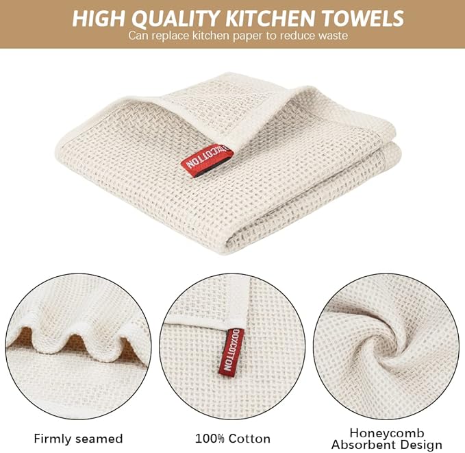 Nialnant 6 Pack 100% Cotton Waffle Weave Kitchen Towels,Soft and Absorbent Kitchen Dish Rags, Dish Cloths for Washing Dishes 12x12 Inches, Beige