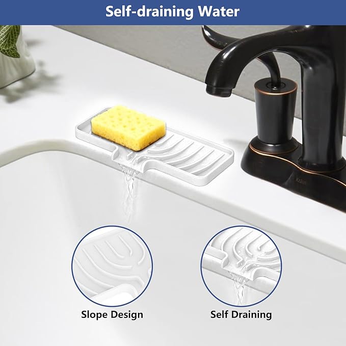 Silicone Sponge Holder for Kitchen Sink With Drain Spout, Self Draining, Kitchen Soap Tray, Bathroom Organizer, Sink Caddy, Perfect for Dispenser, Scrubber, Bottle, Cup on Counter (White, 10×4)