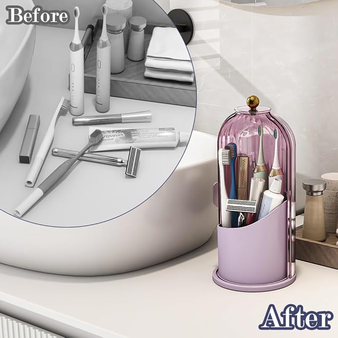 Zufudo Dustproof Toothbrush Holders with Cover, Rotating Electric Toothbrush and Toothpaste Holder for Bathroom Countertop, 3 Slots Makeup Brushes Organizer, All Pink