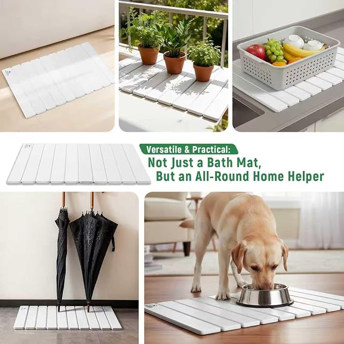 BeeChip Stone Bath Mat for Water Absorption, Foldable Diatomite Stone Mat, Non-Slip & Quick-Drying White Square Bath Mat with Modern Minimalist Style, Easy to Clean, for Bathroom/Kitchen/Hallway