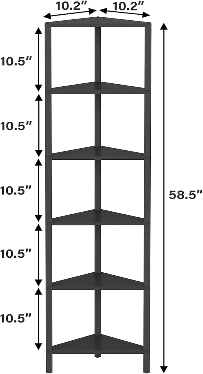 TUTOTAK Corner Shelf, 6-Tier Corner Bookshelf for Small Space, Narrow Display Corner Shelf Stand with Storage Rack, for Living Room, Bedroom, Black BS05BK006