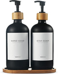 MaisoNovo Glass Dish Soap Dispenser for Kitchen Set of 2-16.9oz Dish and Hand Soap Dispenser Set for Kitchen - Black Glass Bottles x 2 with Black Bamboo Pumps & Tray