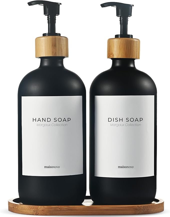 MaisoNovo Glass Dish Soap Dispenser for Kitchen Set of 2-16.9oz Dish and Hand Soap Dispenser Set for Kitchen - Black Glass Bottles x 2 with Black Bamboo Pumps & Tray