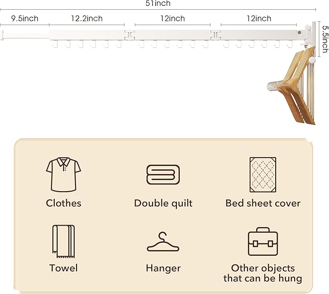 ZdwCyl Clothes Drying Rack,Laundry Drying Rack Wall Mount, Wall Mounted Clothes Rack,Retractable,Collapsible(Tri-Fold),Drying Rack Clothing,can Fold Upward & Left & Right,Space Saver, White Color