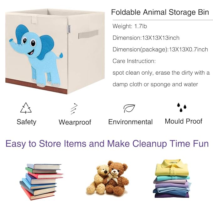 CLCROBD Foldable Animal Cube Storage Bins Fabric Toy Box/Chest/Organizer for Kids Nursery, 13 inch (Elephant)